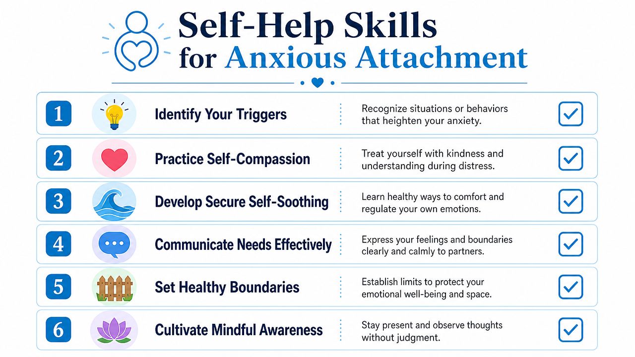 A list of six self-help skills for managing anxious attachment styles, displayed in a clear infographic.