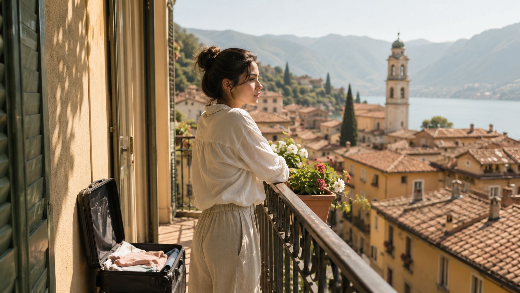 A woman stands on a balcony overlooking an Italian village, reflecting on her travels and personal growth.