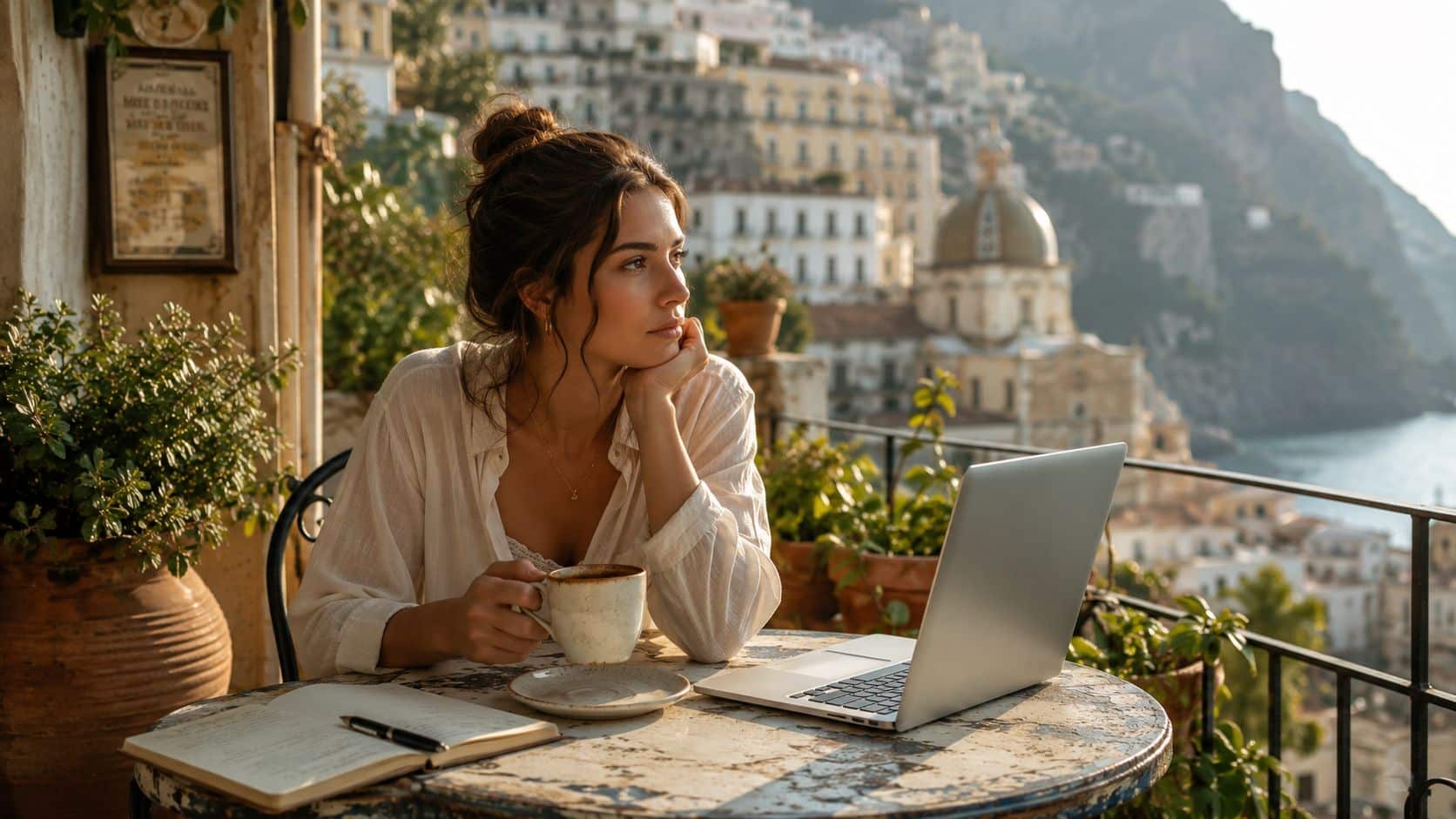A woman looks thoughtful while holding a cup of coffee at a desk with a laptop abroad.