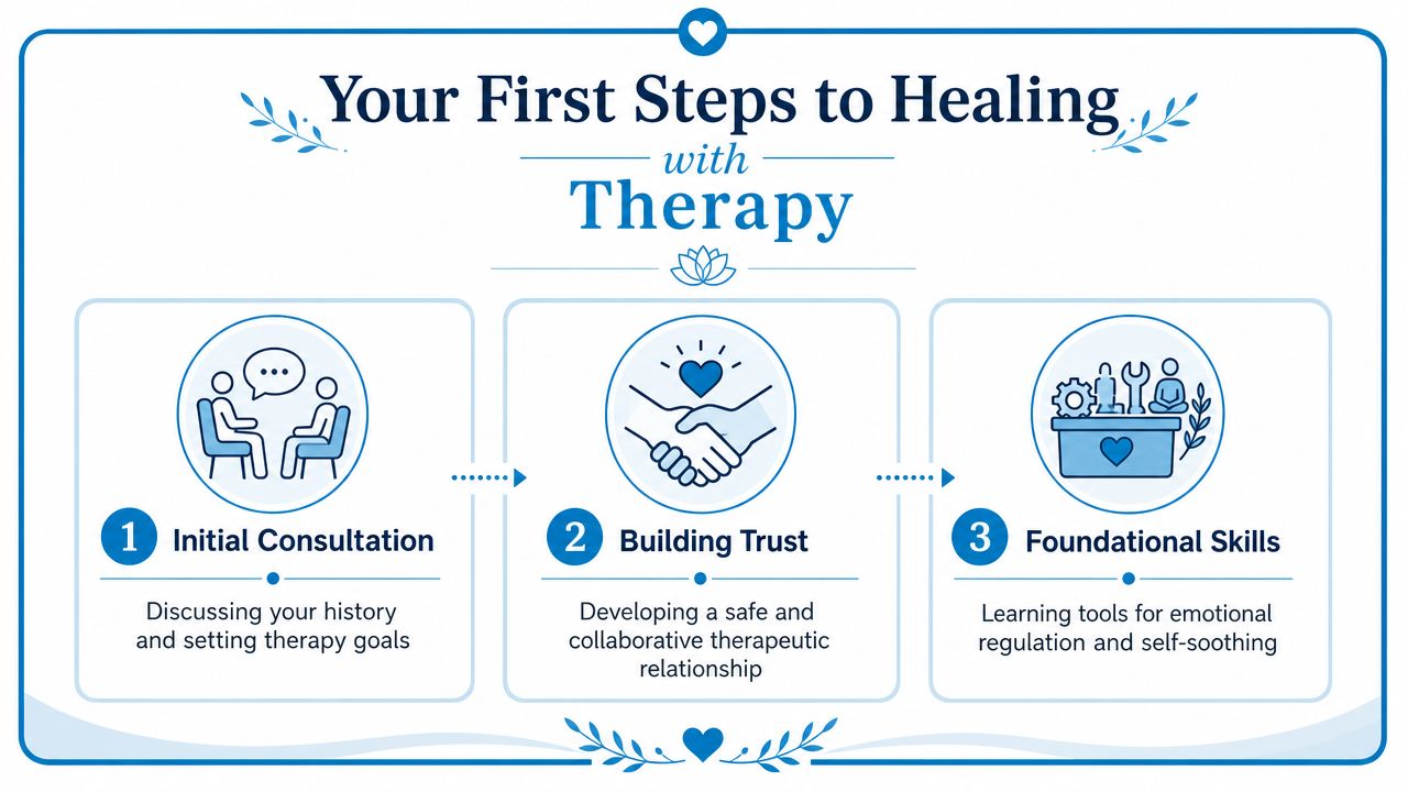 An infographic titled Your First Steps to Healing with Therapy, showing three steps: initial consultation, building trust, and foundational skills.