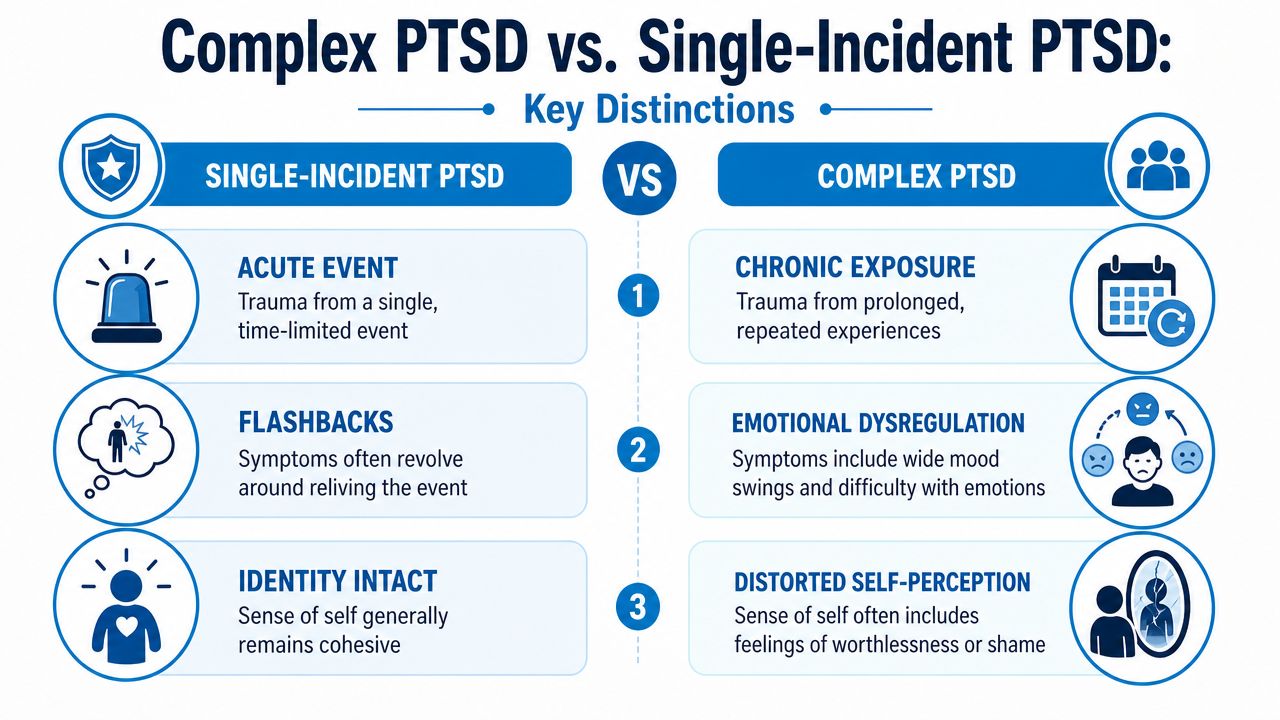 A comparison chart outlining the key differences between Single-Incident PTSD and Complex PTSD symptoms and characteristics.