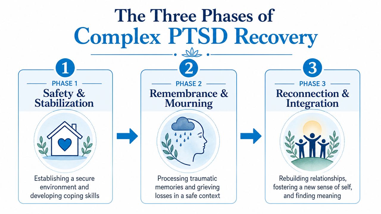 A diagram illustrating the three phases of complex PTSD recovery: safety, remembrance, and reconnection.
