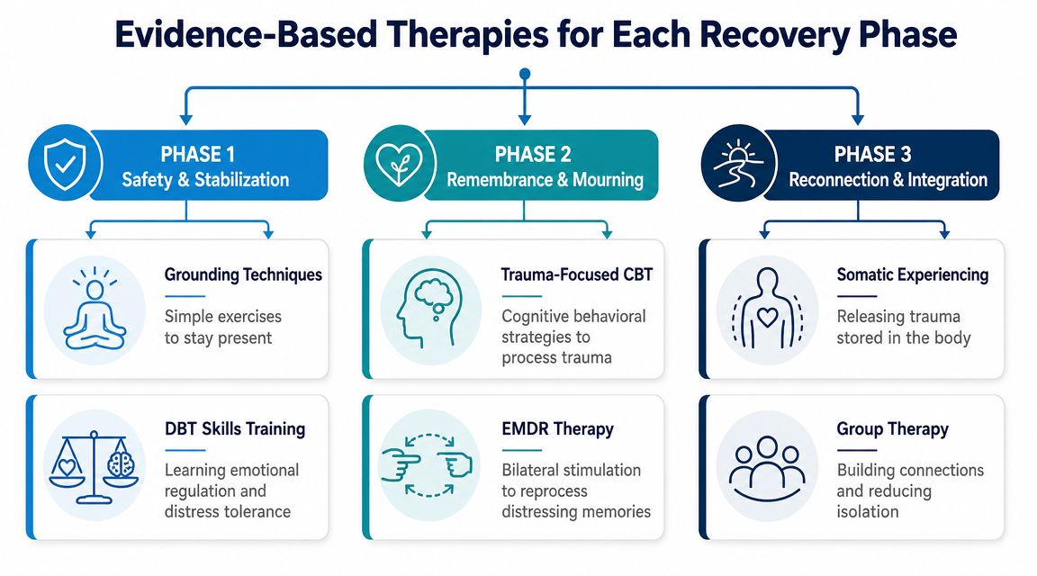 A diagram outlining evidence-based therapies for the three phases of complex PTSD recovery: safety, processing, and reconnection.
