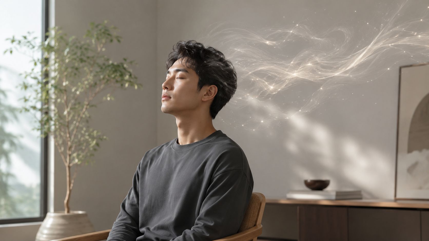 A calm young Asian man sitting in a meditative pose with glowing, abstract energy emanating from his head.
