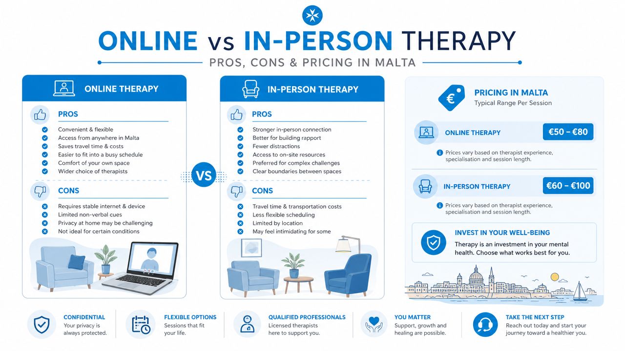 A comparison infographic between online and in-person therapy services, highlighting pros, cons, and typical pricing in Malta.