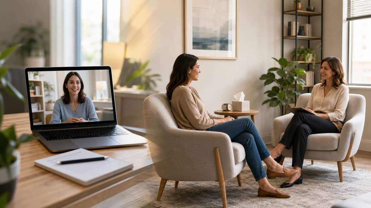 A professional therapist conducting a remote counseling session with a client via a laptop video call.