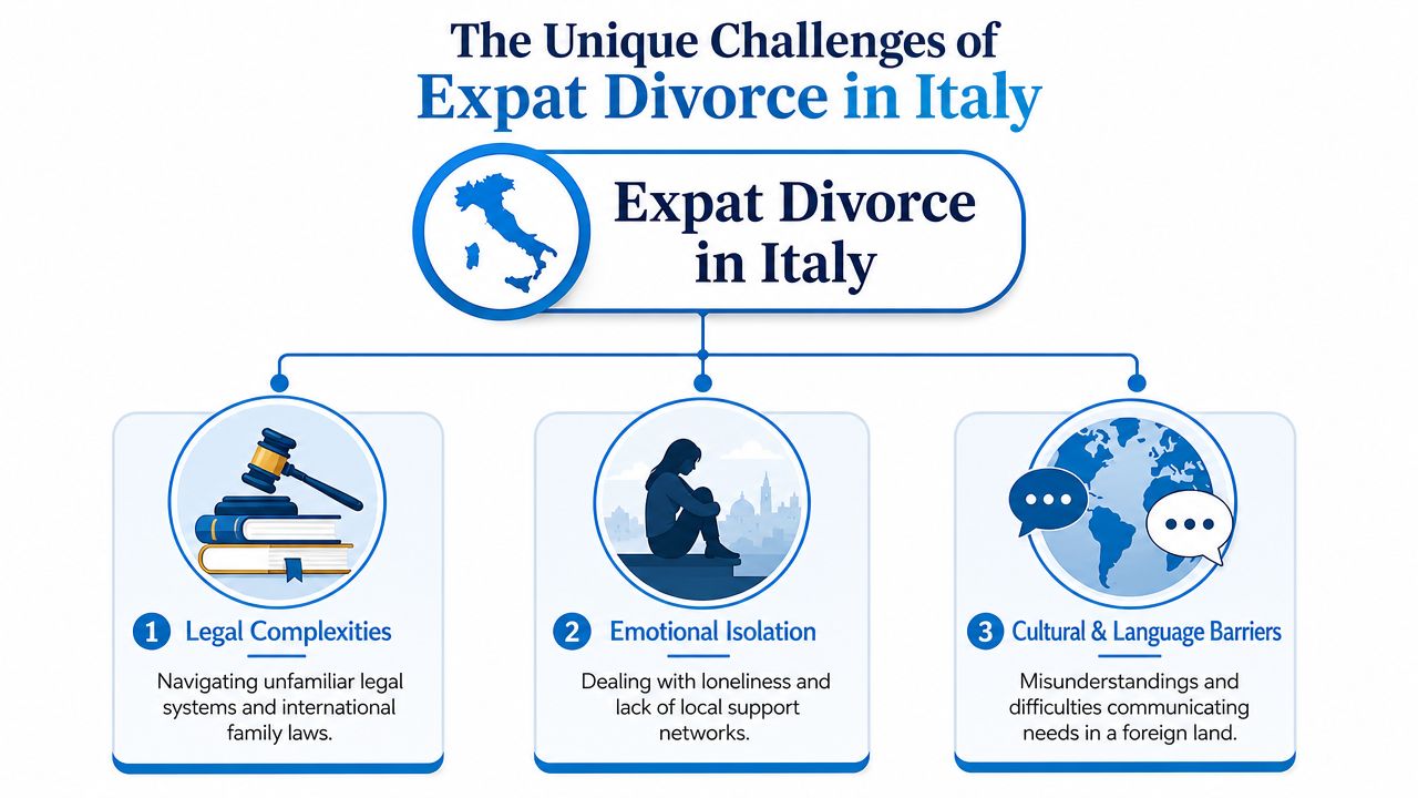 An infographic titled The Unique Challenges of Expat Divorce in Italy, highlighting legal, emotional, and cultural barriers.