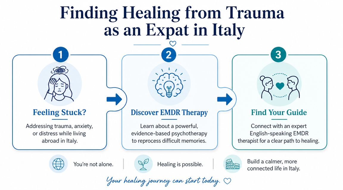 A three-step infographic on starting an EMDR therapy healing journey for English-speaking expats in Italy.