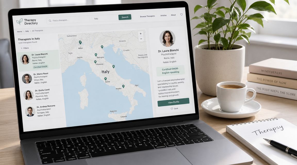 Laptop screen showing a therapy directory website with a map of Italy and therapist search results.