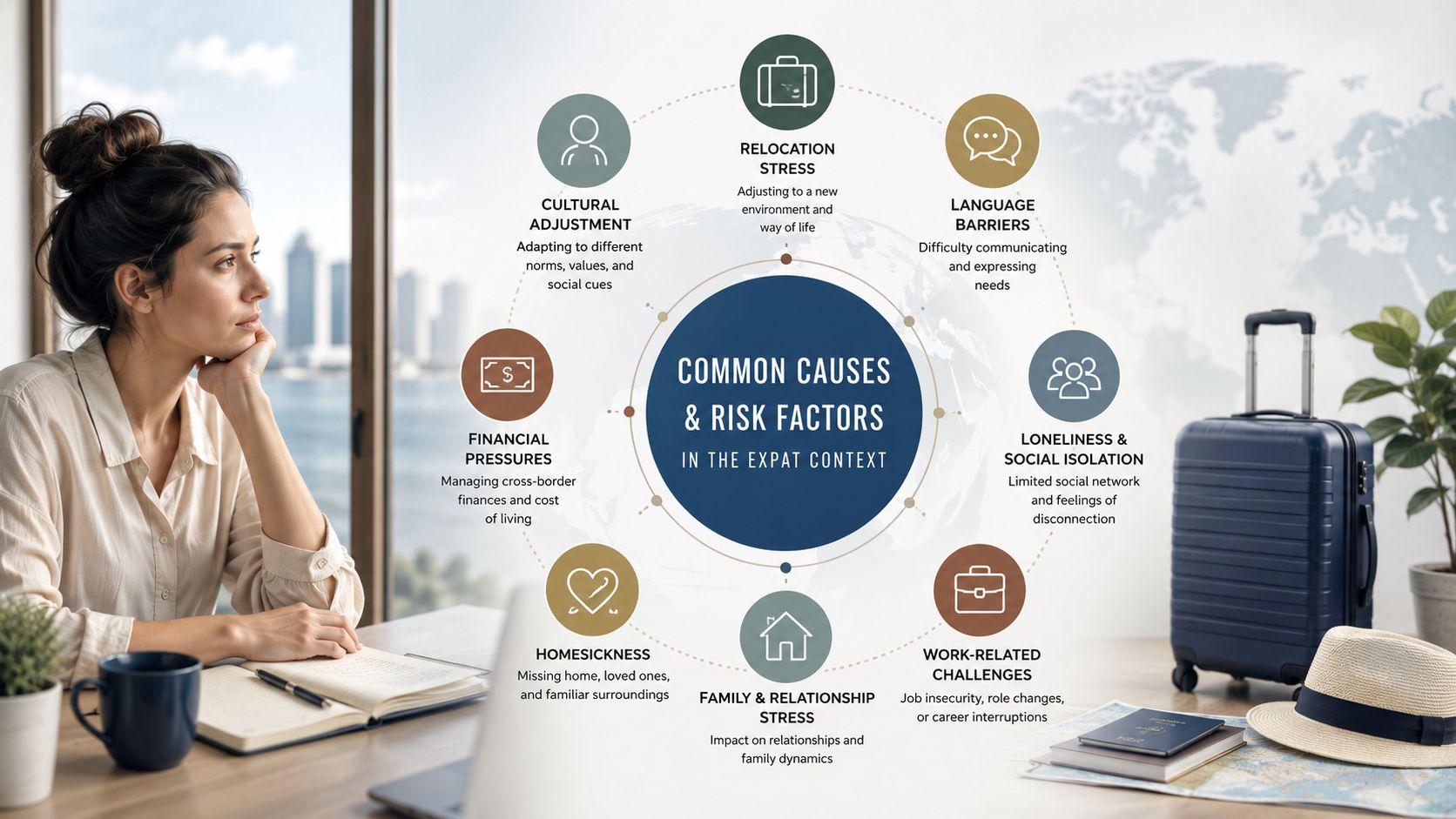 A woman looks out a window while an infographic displays common expat stress and risk factors.