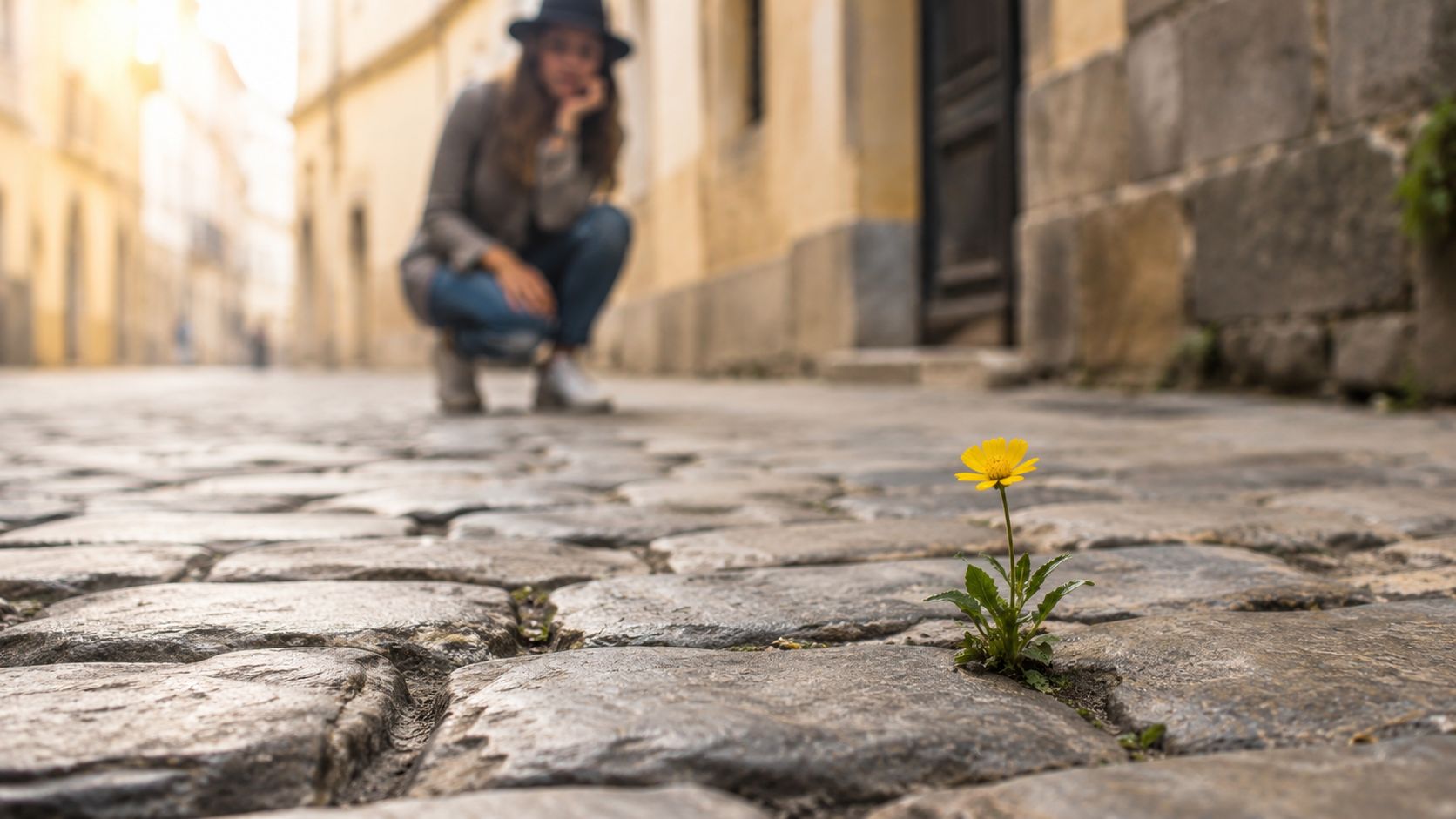 A bright yellow flower blooms from the cracks of an old stone cobblestone street in a city.