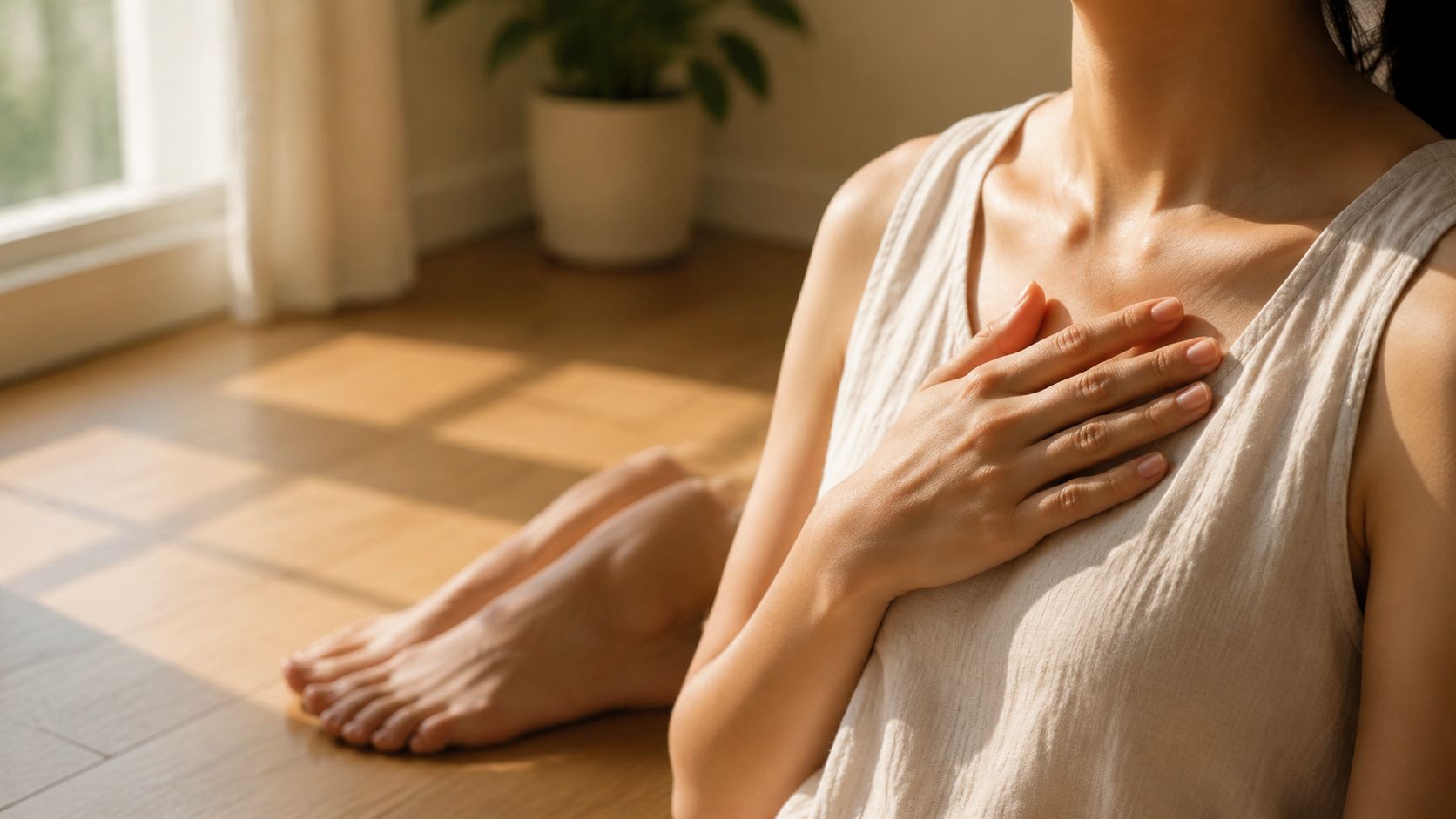 A person sitting on a wooden floor, hand placed on their chest during a peaceful morning moment.