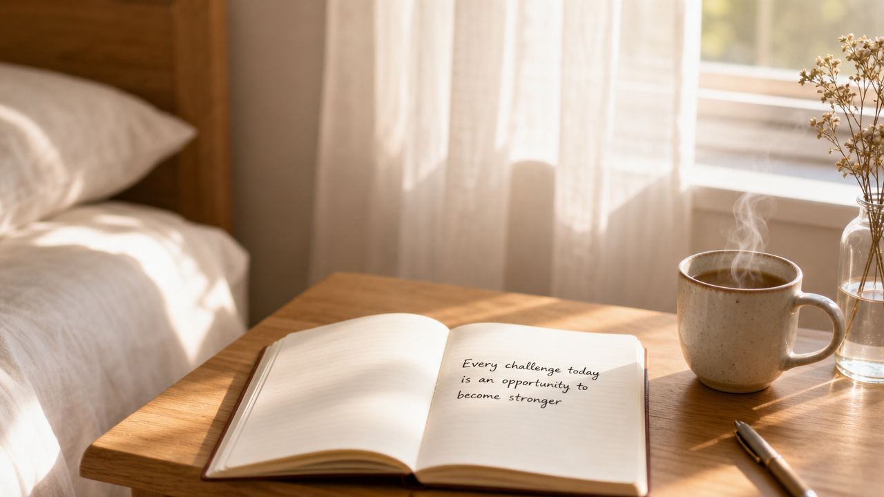 An open notebook with an inspirational quote on a wooden table beside a steaming cup of coffee.
