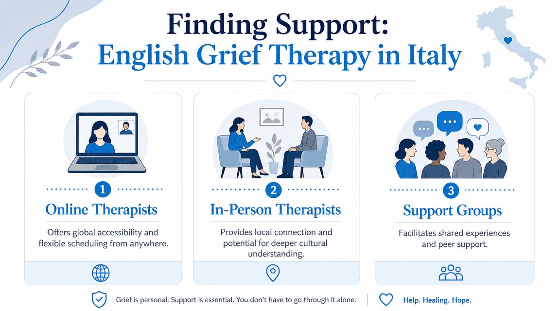 An infographic titled Finding Support English Grief Therapy in Italy, detailing three support options for grieving individuals.