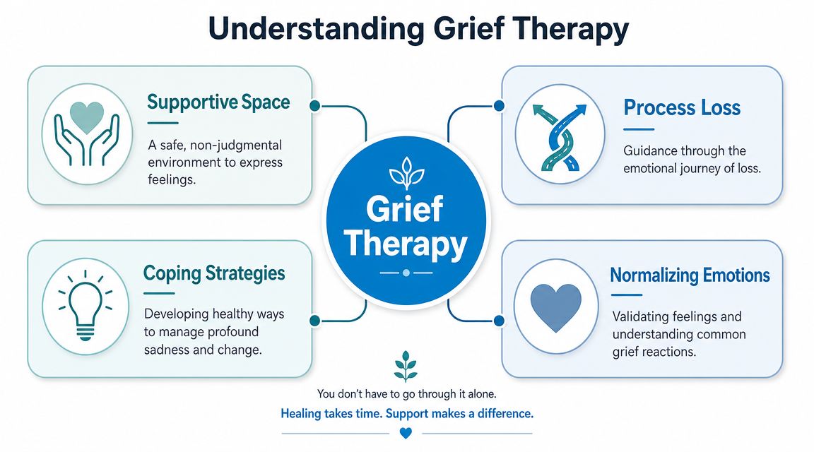 A diagram explaining grief therapy including supportive space, processing loss, coping strategies, and normalizing emotions.