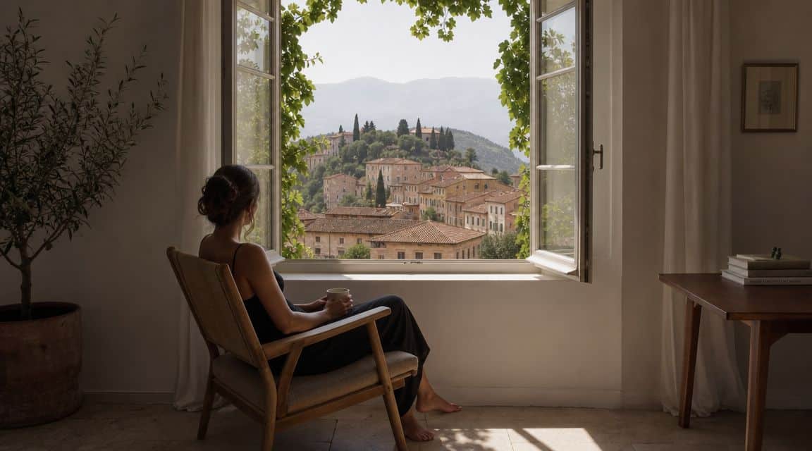 A woman sits in a chair by an open window, looking out at a picturesque Italian village landscape.