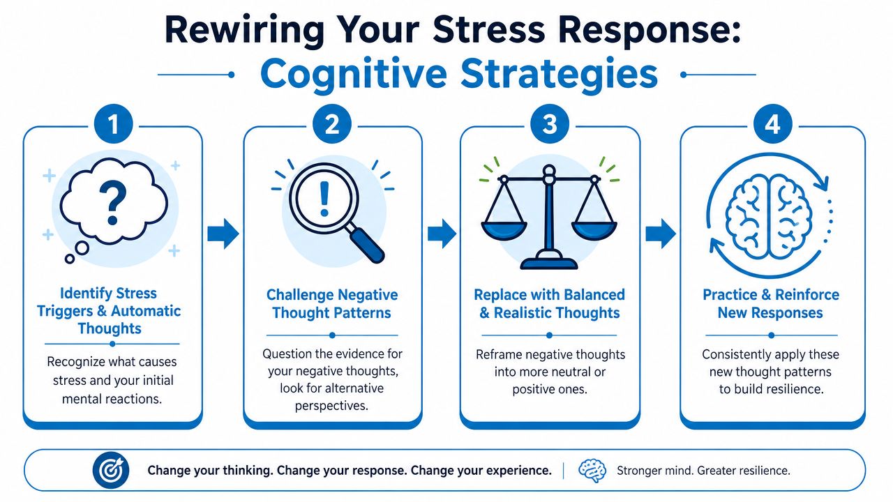 An infographic titled Rewiring Your Stress Response showing four cognitive strategies for building resilience and coping.
