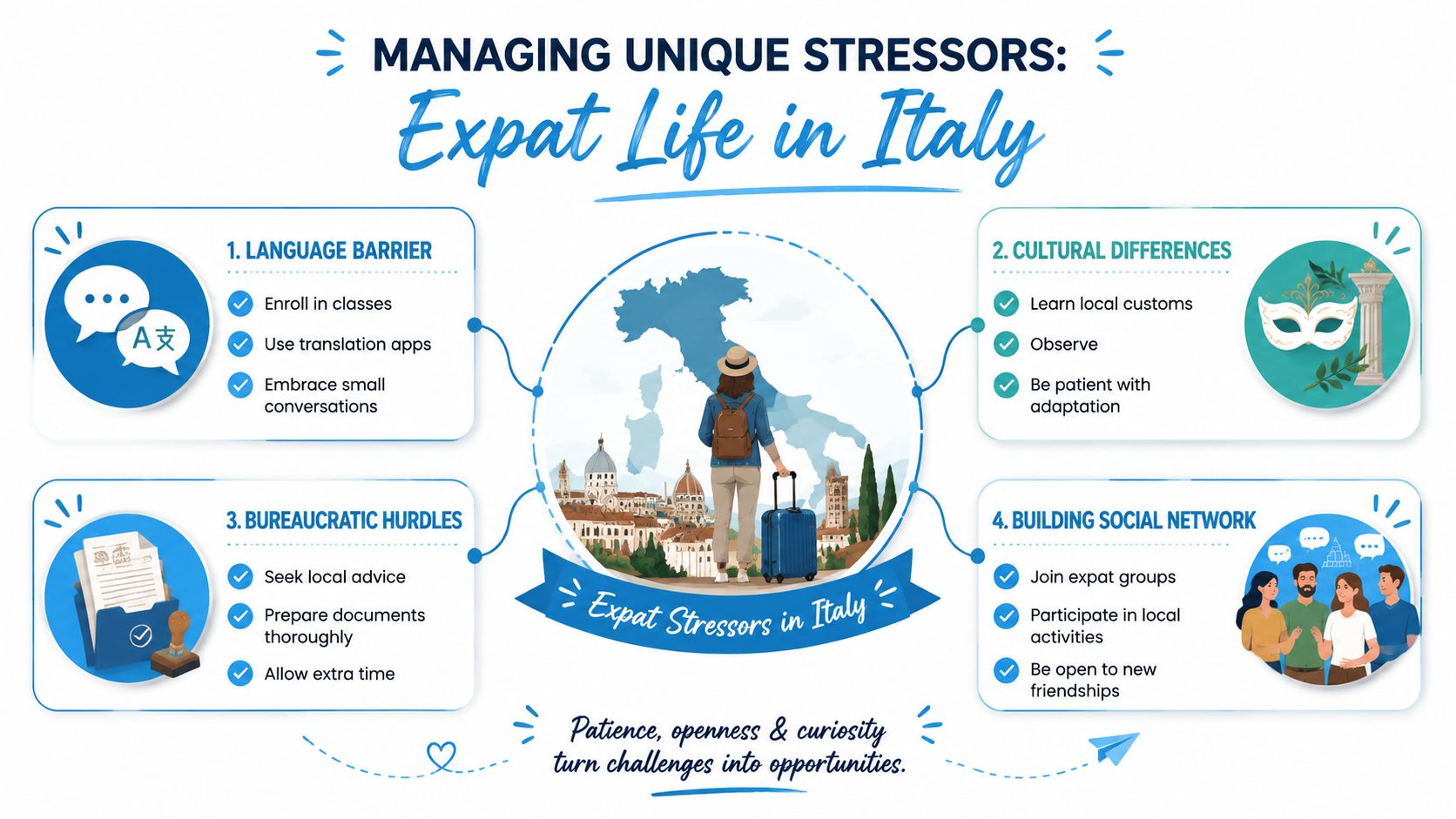 An infographic titled Managing Unique Stressors: Expat Life in Italy with tips on overcoming common cultural challenges.