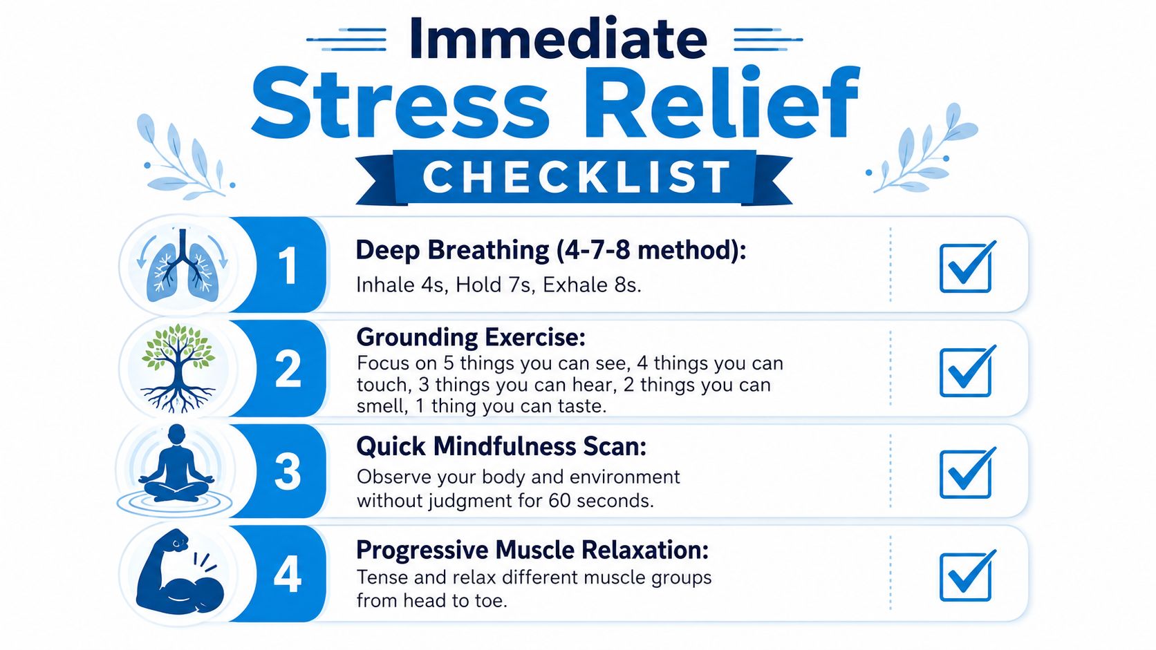 A checklist for immediate stress relief featuring four techniques including deep breathing, grounding, mindfulness, and muscle relaxation.