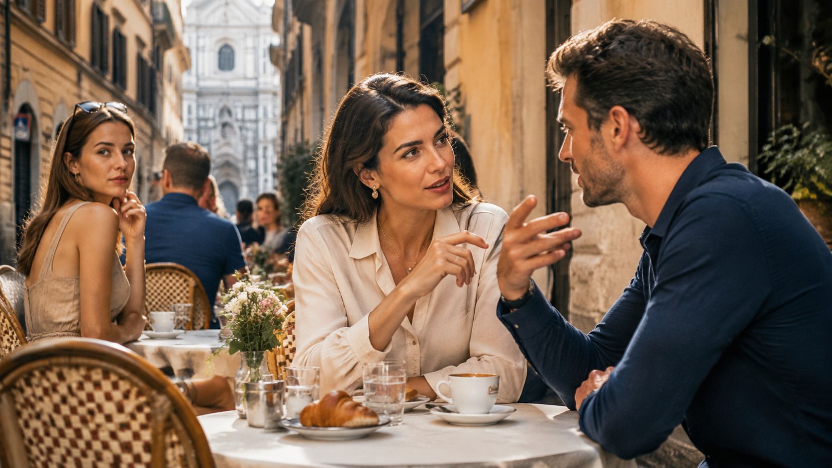 A man and a woman engaged in deep conversation at a charming outdoor cafe in Europe.