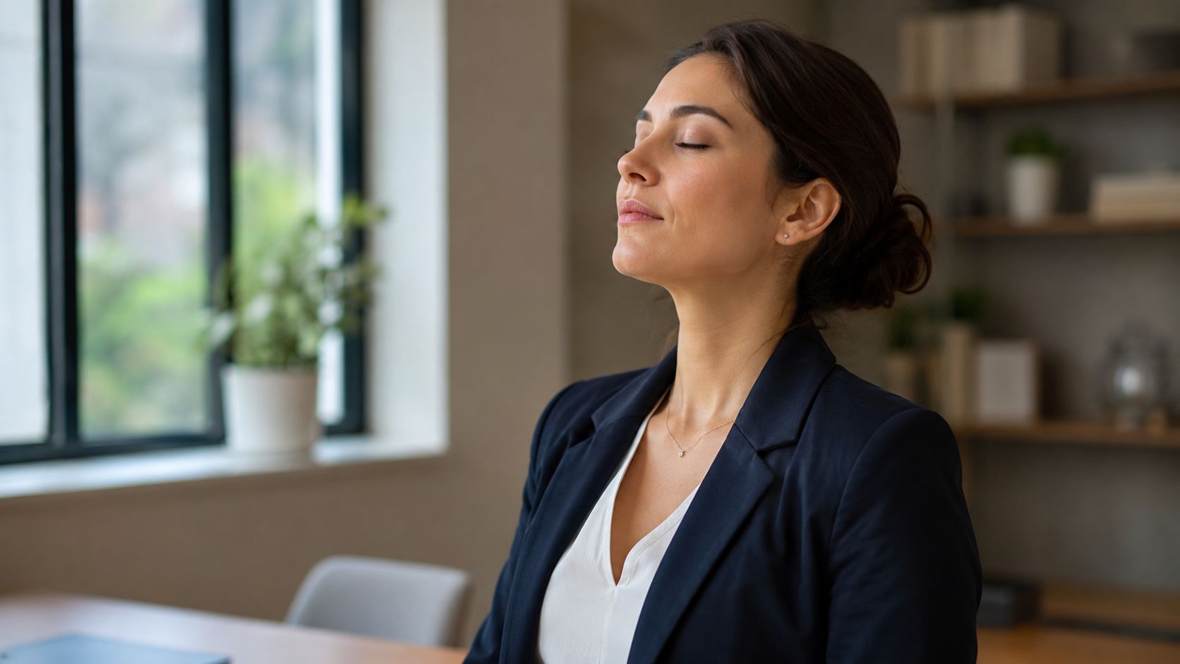A professional woman in a blazer closing her eyes and breathing deeply to practice mindfulness at work.