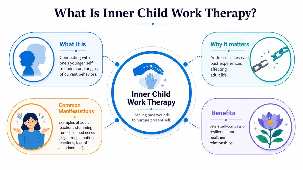 An infographic explaining inner child work therapy, its definitions, common manifestations, importance, and key healing benefits.
