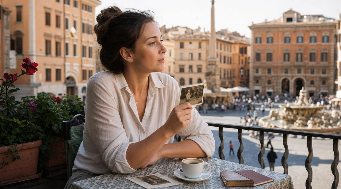 A woman holding an old photograph while sitting at an outdoor cafe overlooking a historic square.
