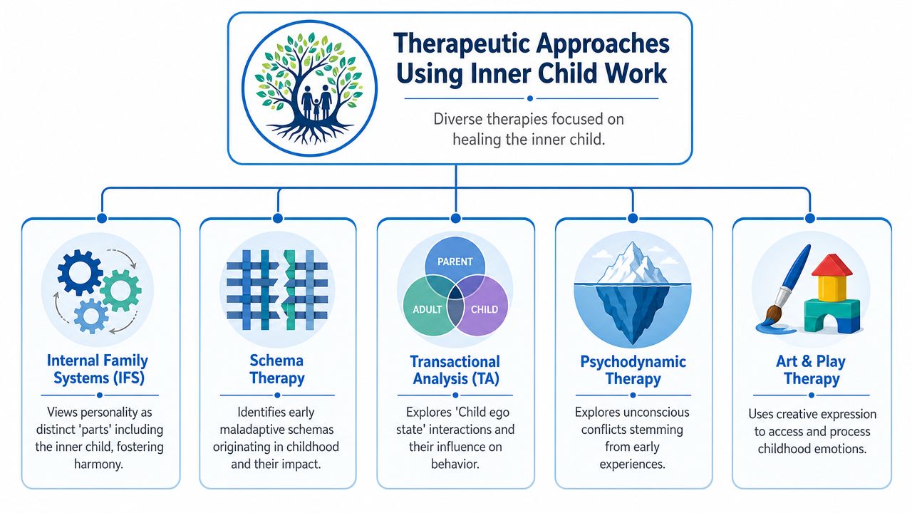 An infographic showing five therapeutic approaches for inner child work including IFS, Schema, TA, Psychodynamic, and Art therapy.