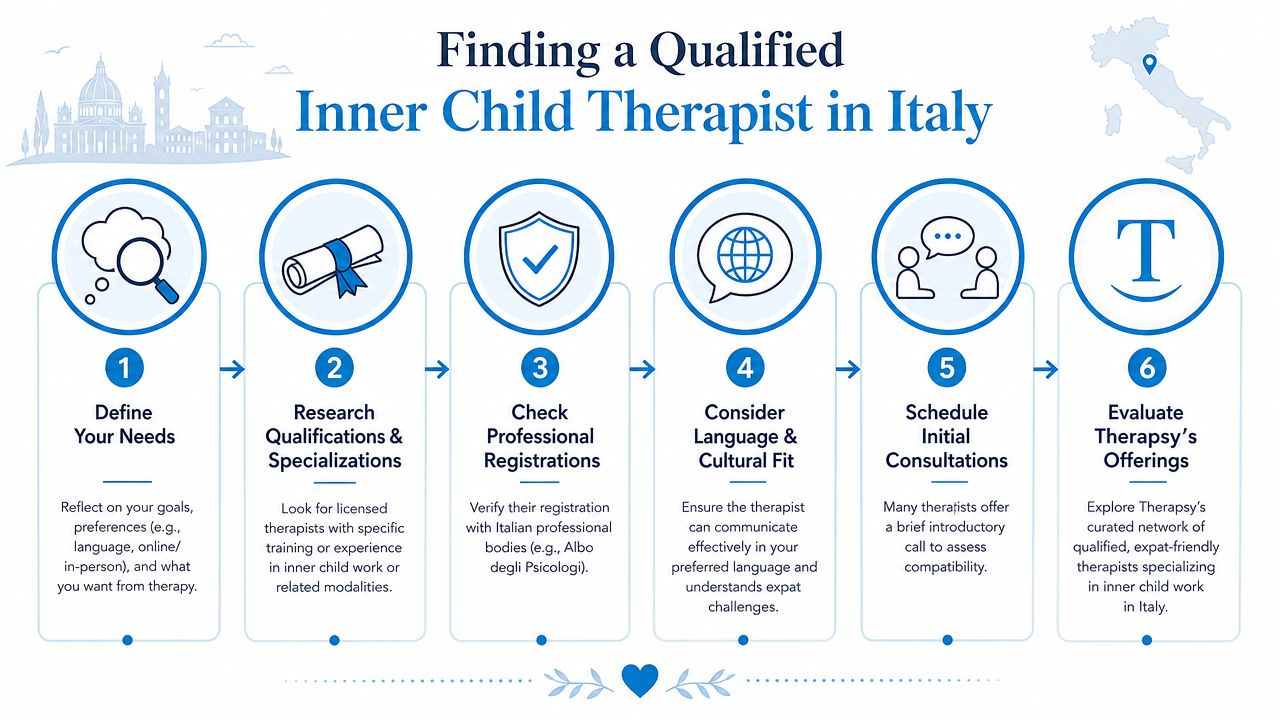 An infographic showing six steps for finding a qualified inner child therapist in Italy.