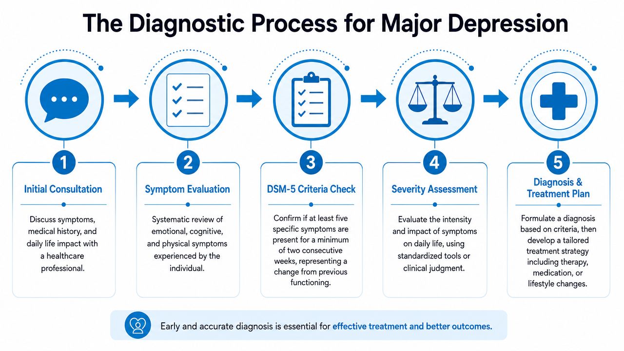 A flowchart showing the five steps of the diagnostic process for major depression in a clinical setting.