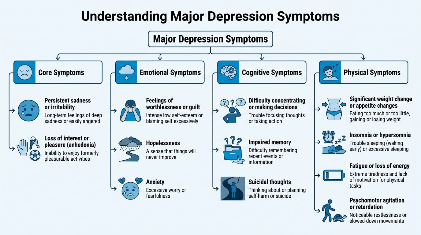 An infographic titled Understanding Major Depression Symptoms, categorizing them into core, emotional, cognitive, and physical signs.