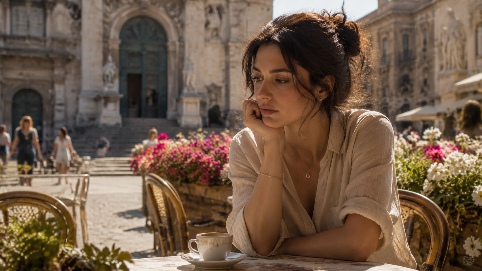 A pensive woman sitting alone at an outdoor café table, showing signs of sadness and reflection.