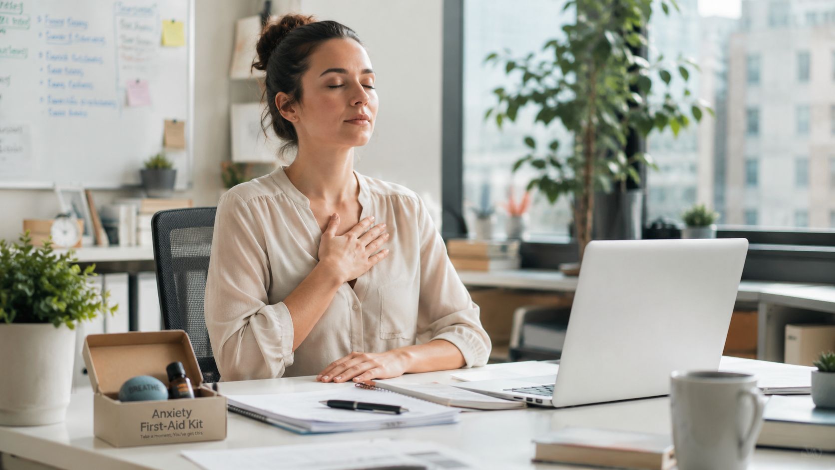 A woman practicing mindfulness with her hand on her chest while sitting at her office desk.