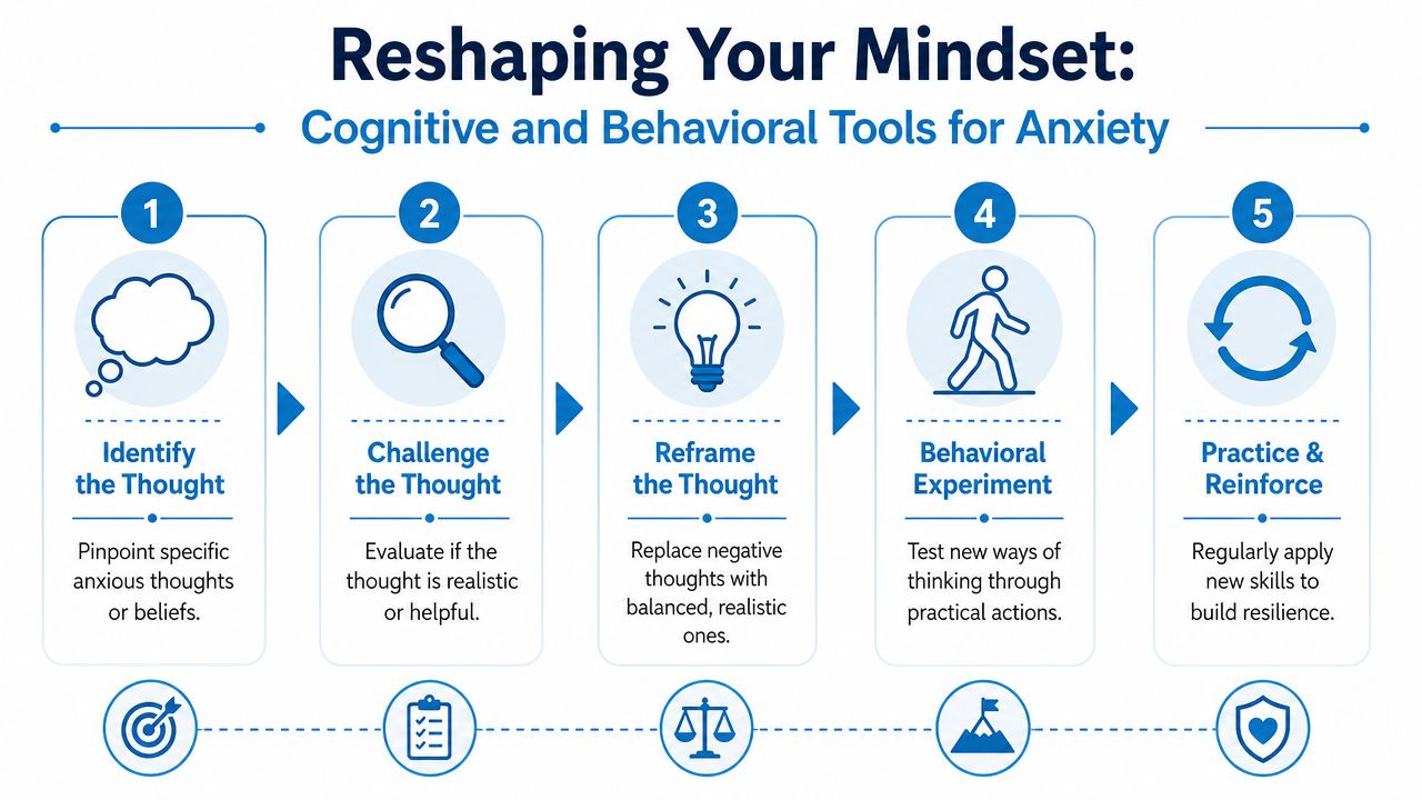 A five-step infographic guide titled Reshaping Your Mindset for managing anxiety using cognitive and behavioral tools.
