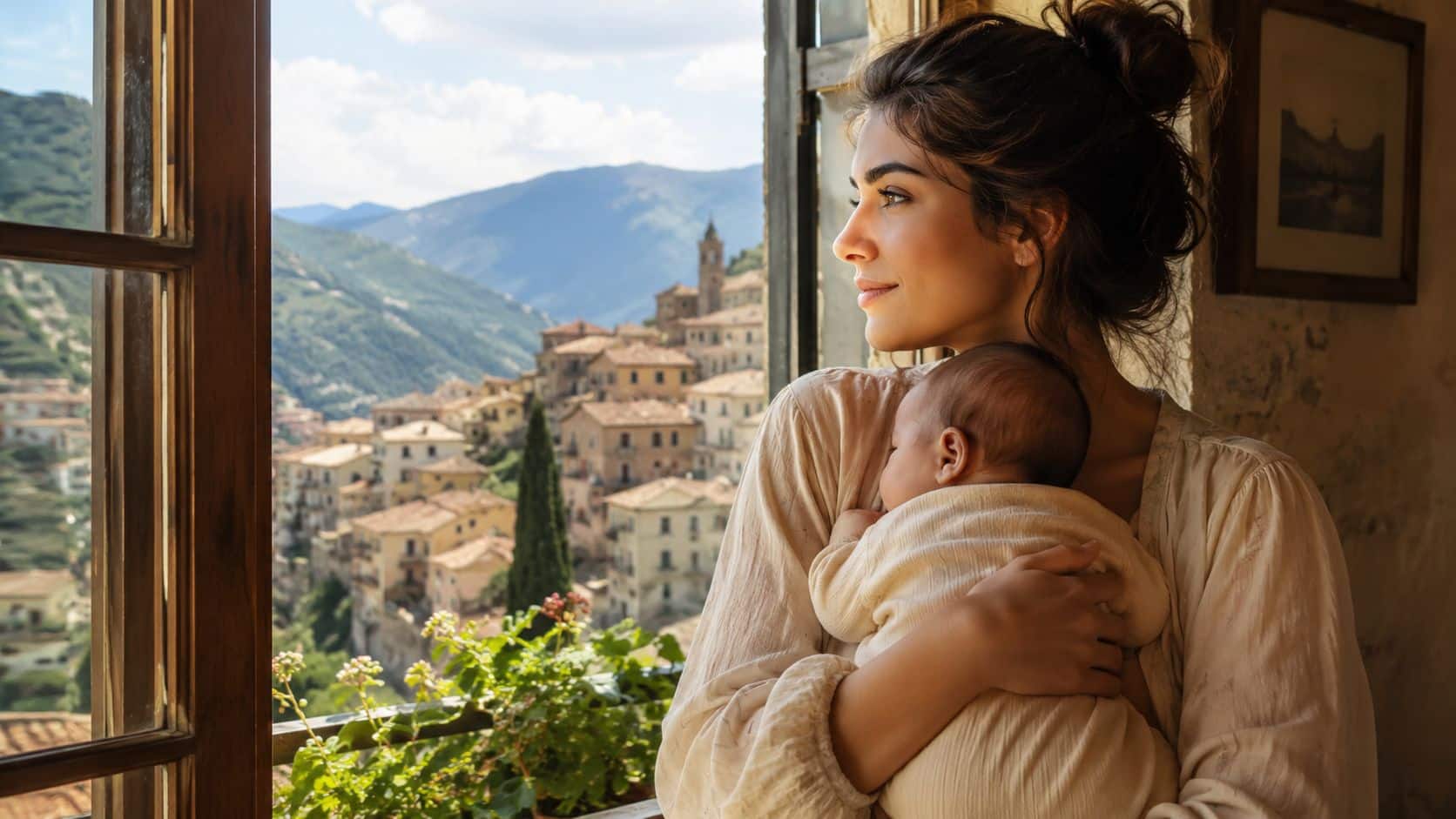 A gentle mother holding her newborn baby, looking out a window at a scenic hillside village landscape.