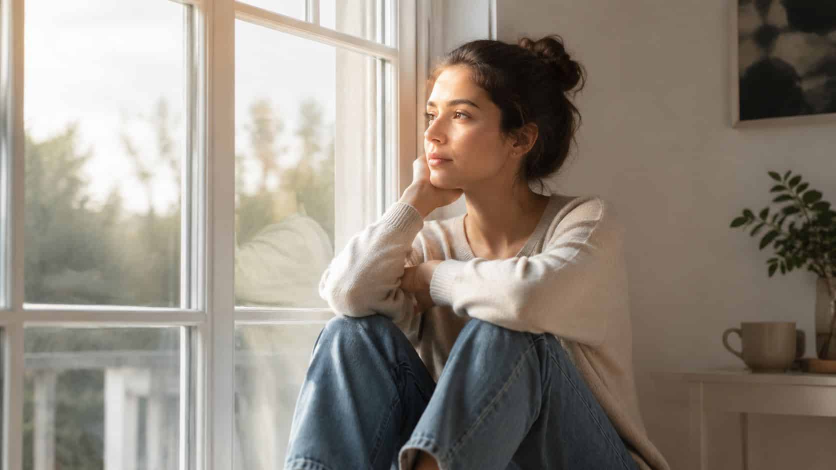 A thoughtful young woman sitting by a bright window, looking away with a peaceful, reflective expression.