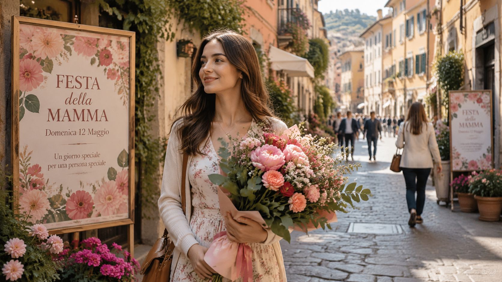 A woman holding a bouquet of flowers in a European street during Mother's Day celebration.