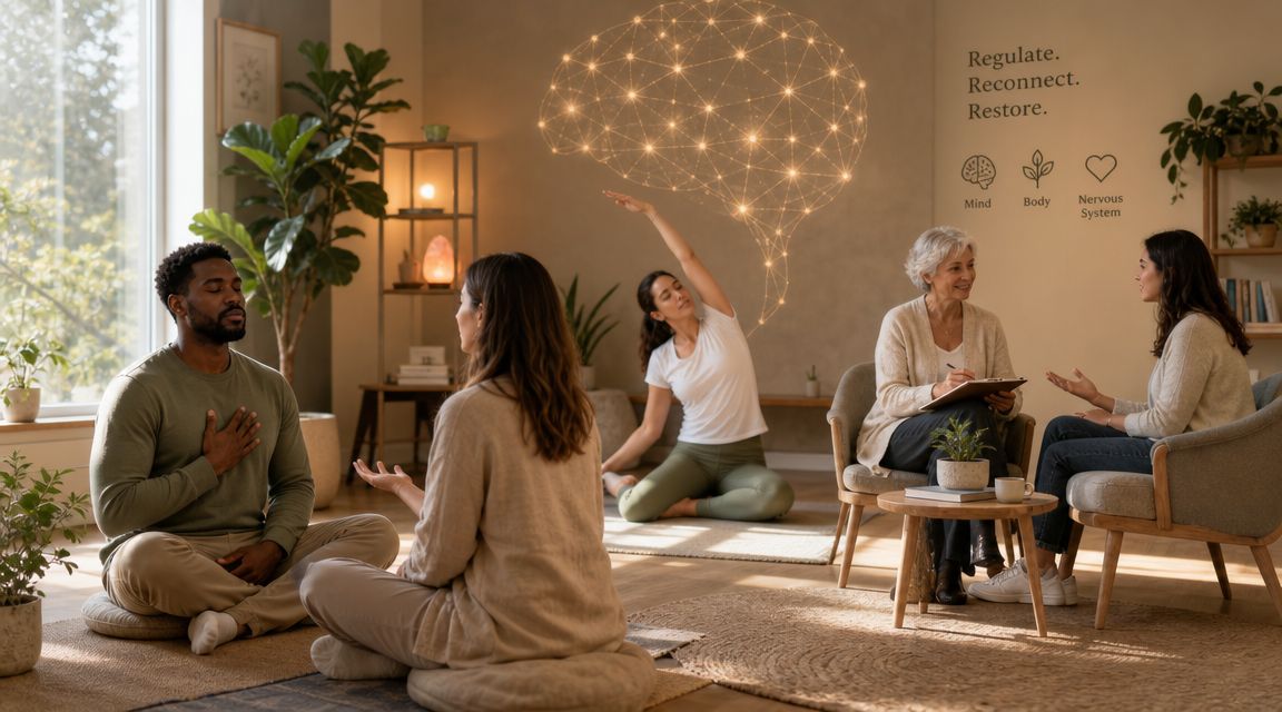 A group of diverse people engaging in nervous system regulation therapy, stretching, and mindful consultation in a room.