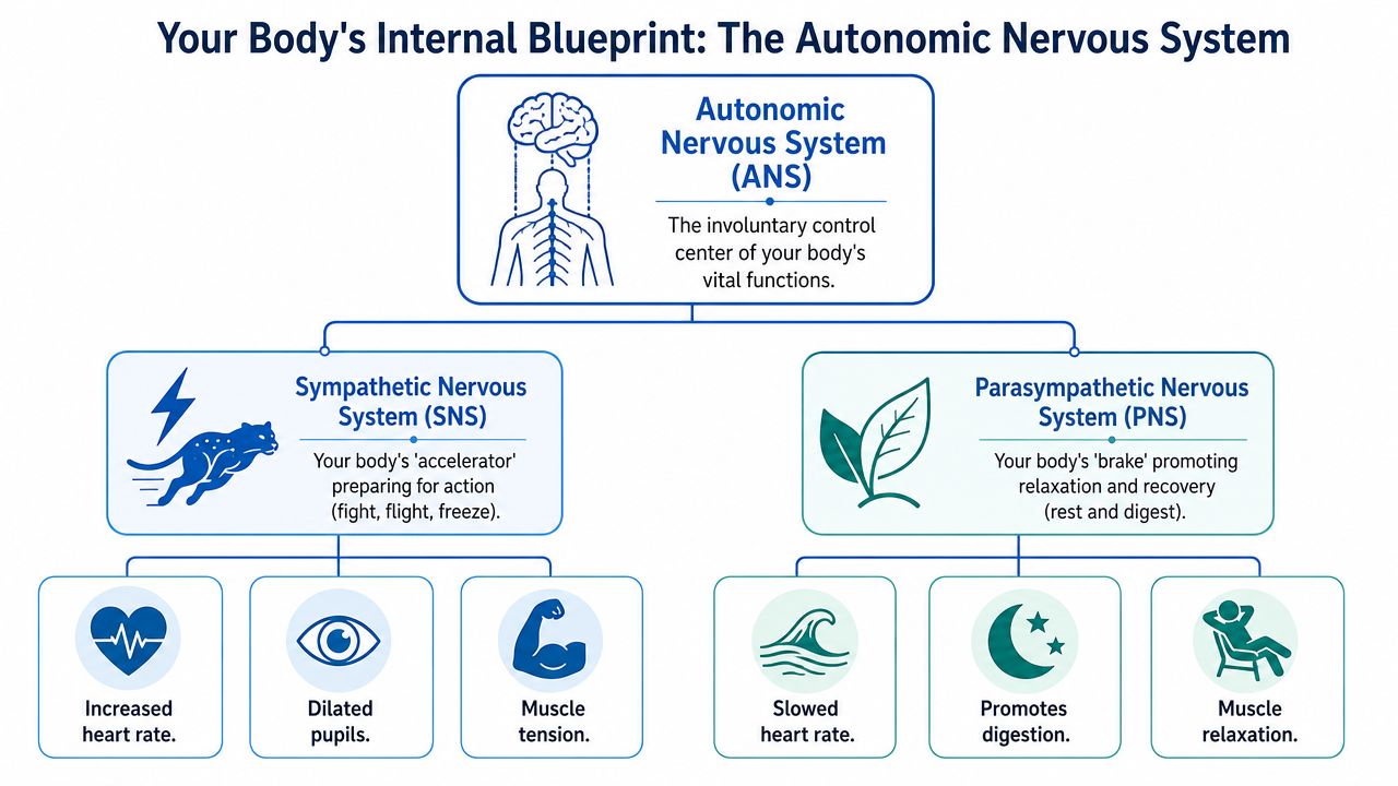A diagram illustrating the autonomic nervous system, showing its sympathetic and parasympathetic divisions and their bodily effects.