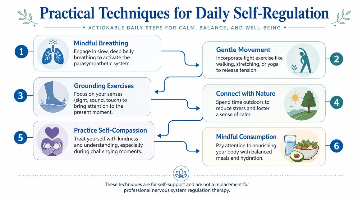 An infographic titled Practical Techniques for Daily Self-Regulation with six numbered steps for mental well-being.