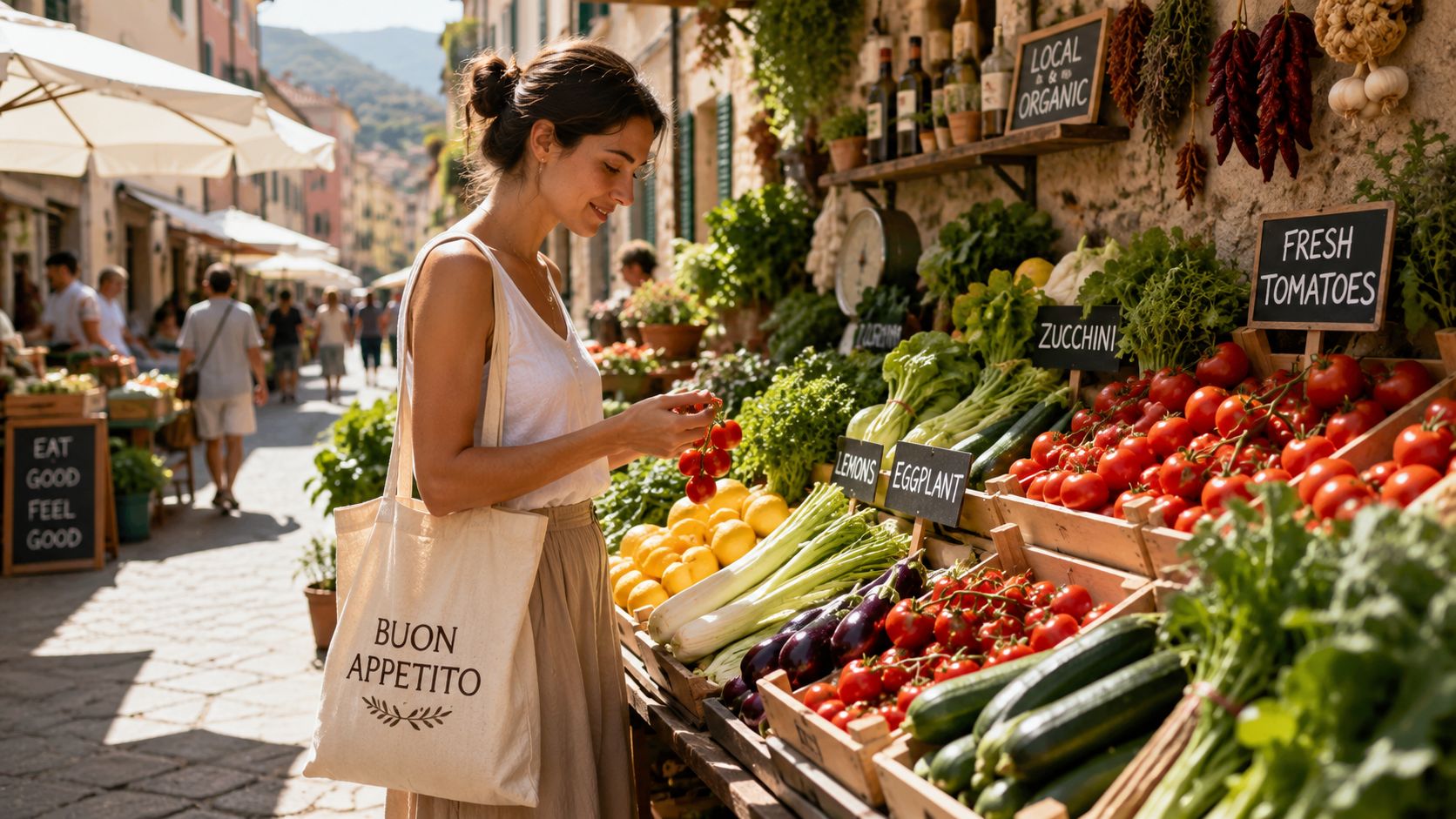 A smiling woman in a light outfit shopping for fresh vegetables at a sunlit Mediterranean street market.