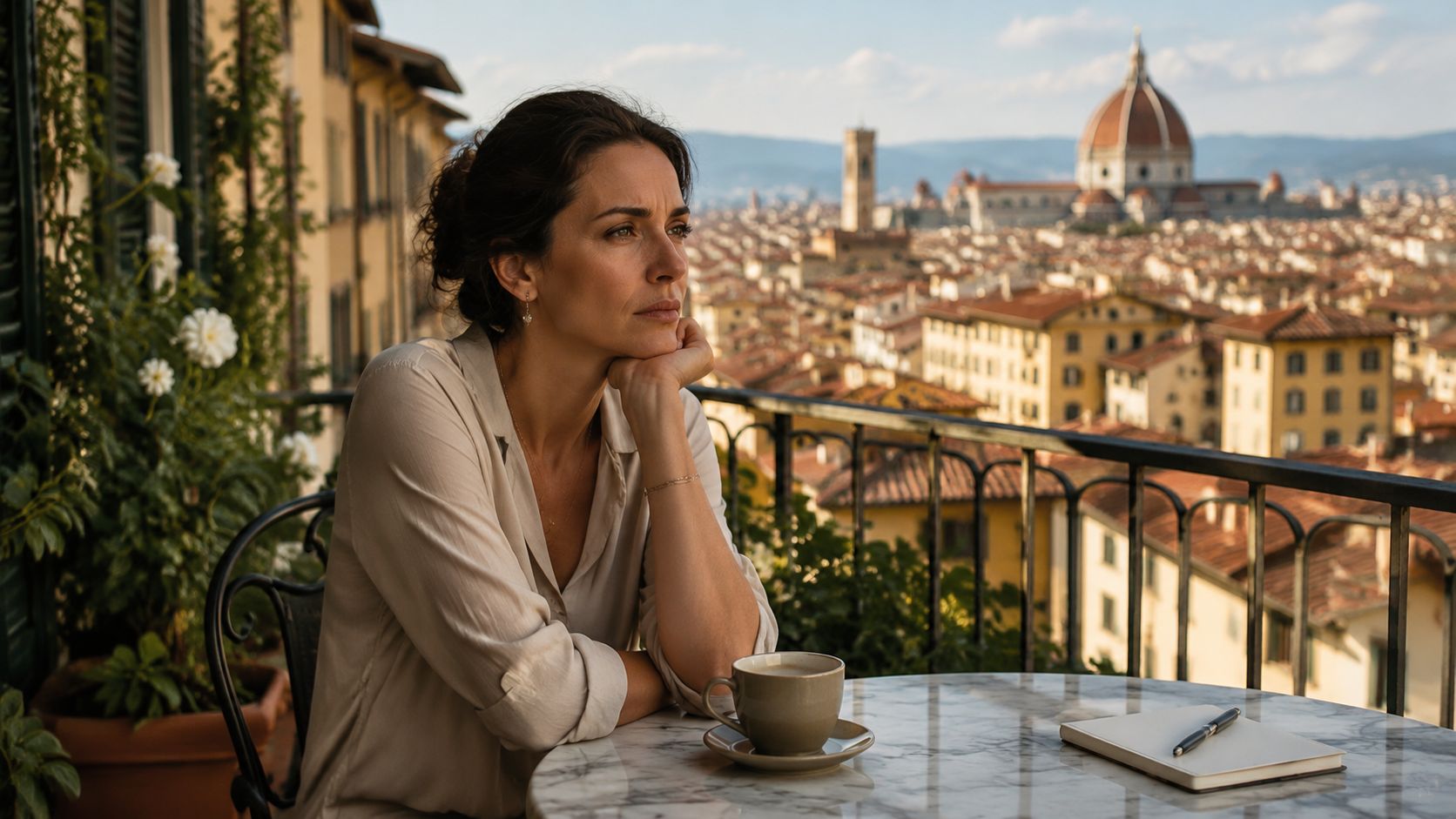 A pensive woman sits at a balcony table in Florence, Italy, overlooking the city skyline at sunset.