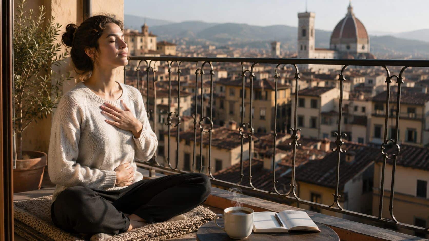 A woman meditating on a balcony overlooking the historic skyline of Florence with a cup of coffee.