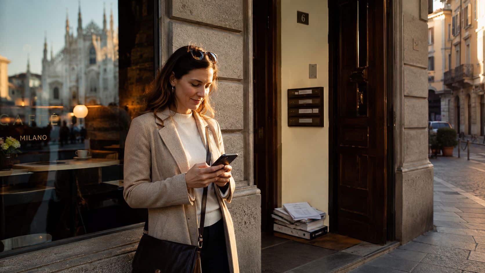 A woman stands in a historic Italian city street while checking her smartphone during the golden hour.