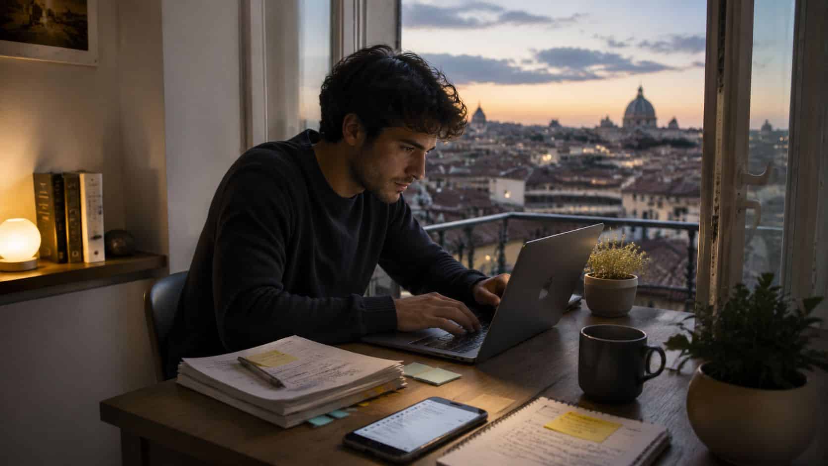 A young man working on a laptop at a desk with a scenic view of Rome at sunset.