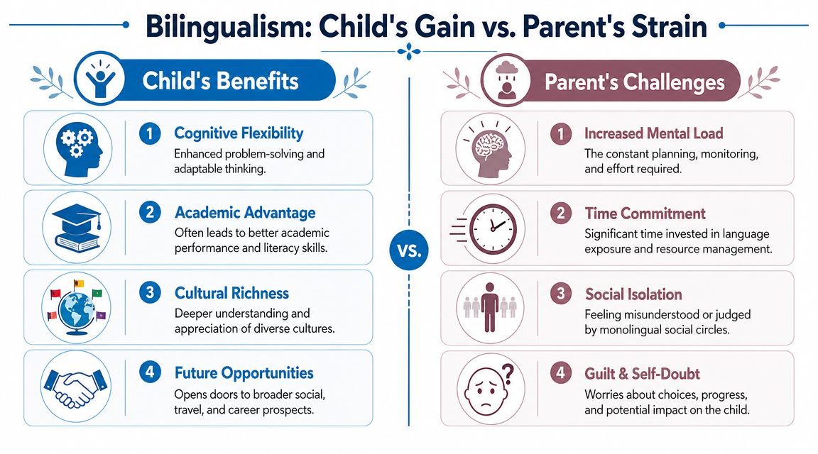 A comparative infographic illustrating the benefits of bilingualism for children versus the challenges for their parents.