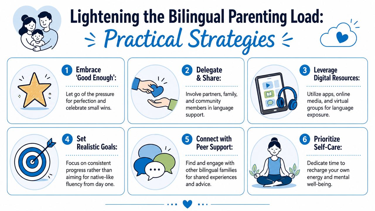An infographic titled Lightening the Bilingual Parenting Load, showcasing six practical strategies for parents raising bilingual children.