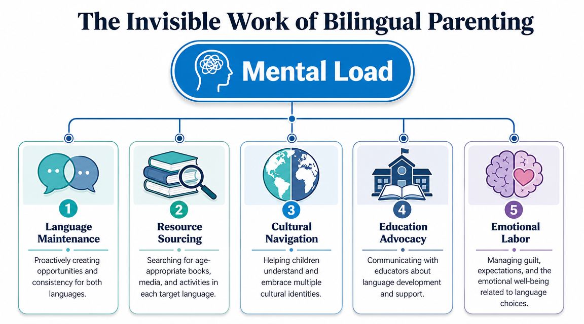 An infographic showing the five components of the mental load involved in raising bilingual children.