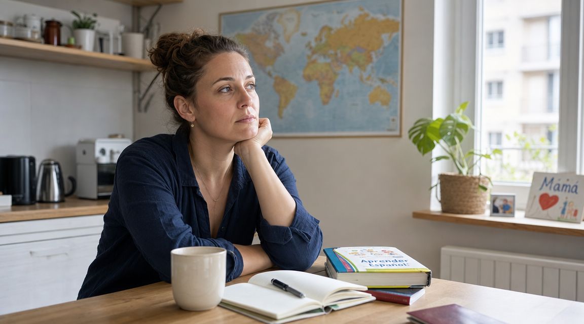 A thoughtful woman sitting at a table with Spanish language learning books and a cup of coffee.
