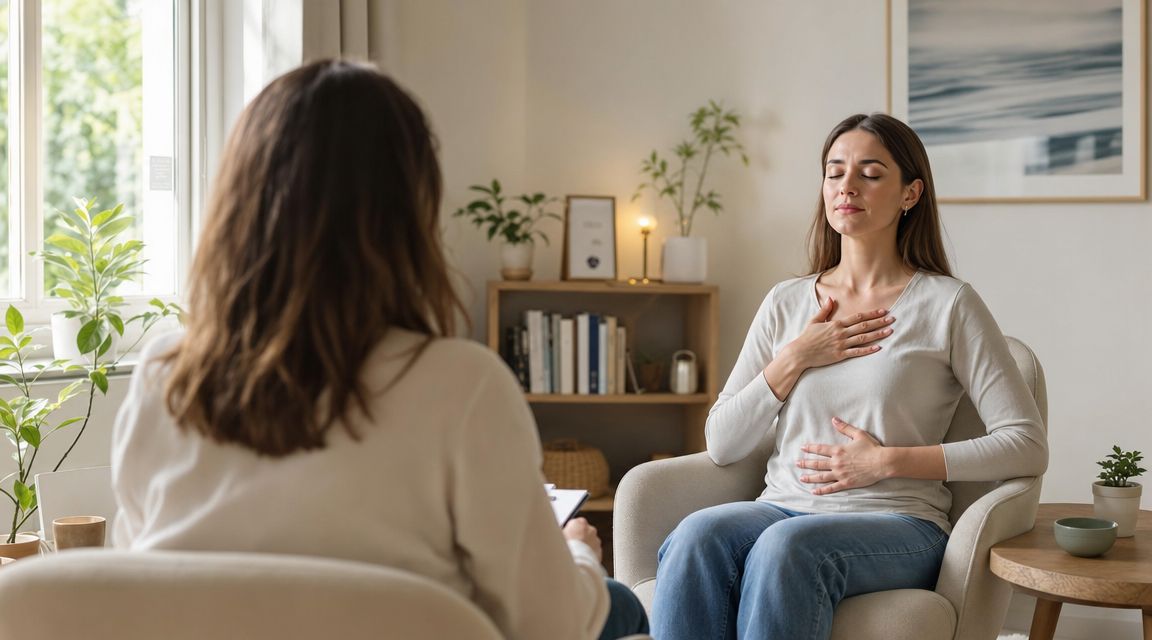 A therapist guides a client practicing deep breathing techniques during a somatic therapy session in a bright office.
